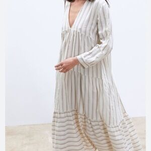 Zara NWT Size XL White,Tan, Black Striped Kafkan‎ Tiered Midi Dress